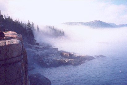 Fog drifting over Sand Beach; view from Otter Cliffs