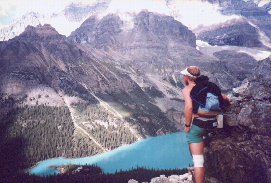 High above Lake O'Hara.  The trail is mostly along ramps inbetween cliffs, about even with my eyes on the far slope.