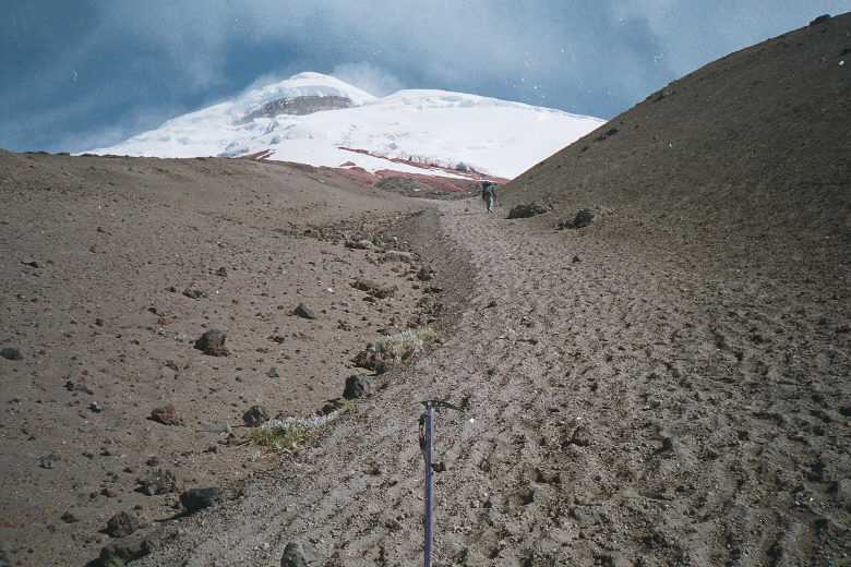 Climbing the scree slope to the refugio