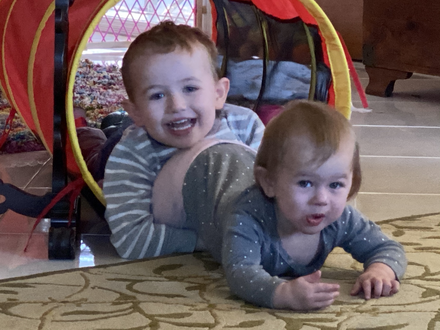 Two little visitors enjoying the big house and each other's company.