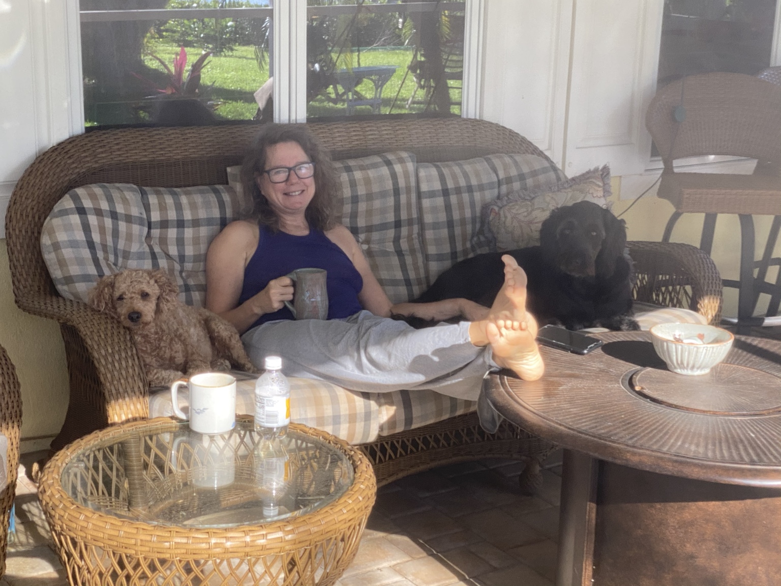 A quiet evening on the screened porch with dogs and comfortable chairs.