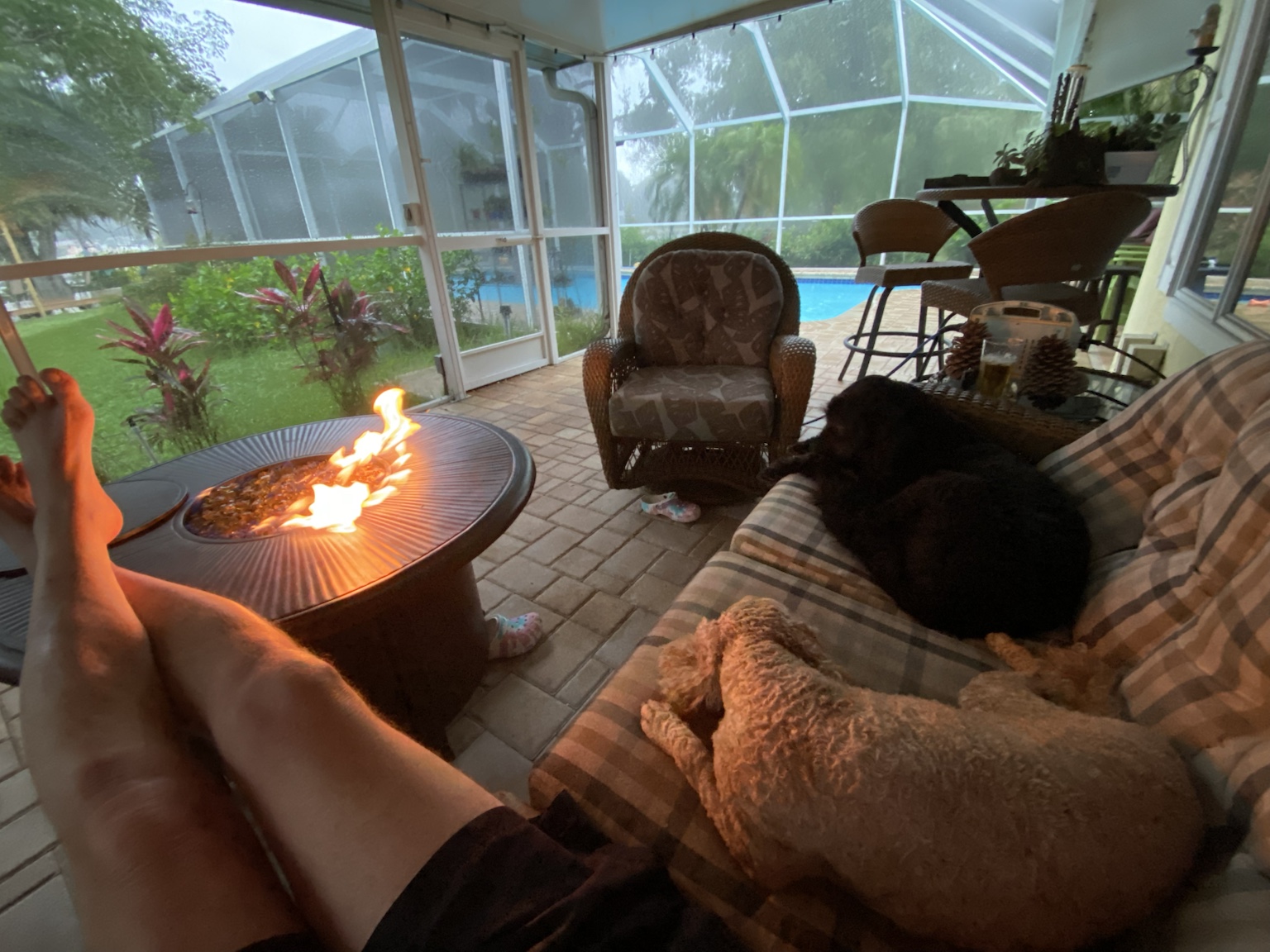 A small fire, comfortable seating, and the backyard beyond.