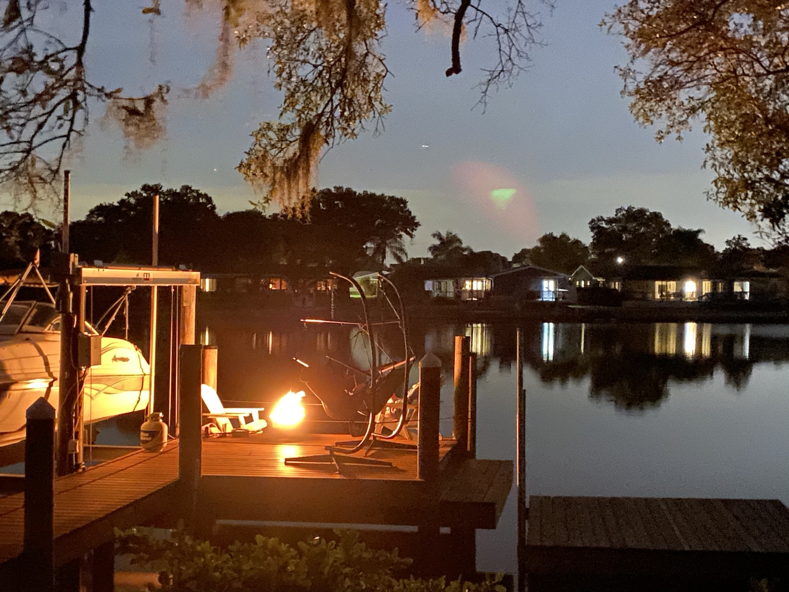 Another firelit evening showing how the dock became our outdoor living room.