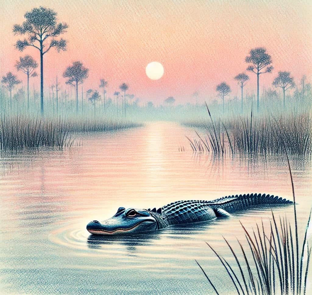 A mature alligator basking on the bank beside a Florida waterway.