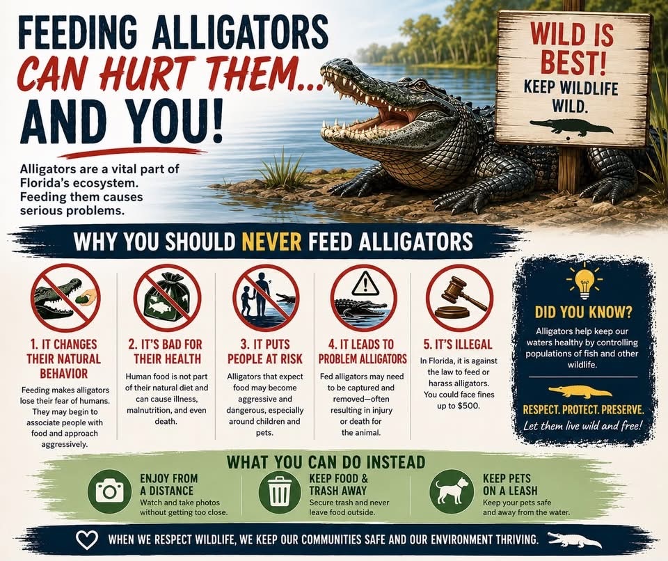 A reminder that feeding alligators harms them, endangers people and pets, and can create nuisance animals.