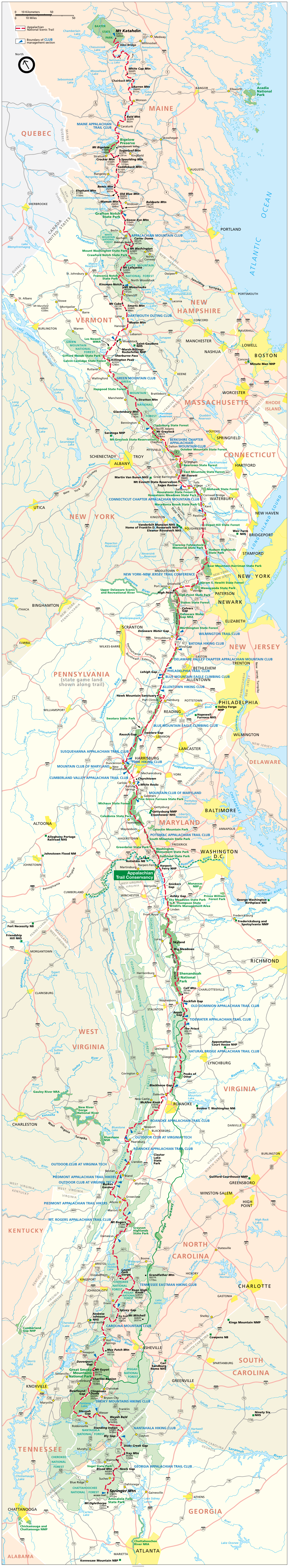 Official National Park Service overview map of the Appalachian Trail from Georgia to Maine
