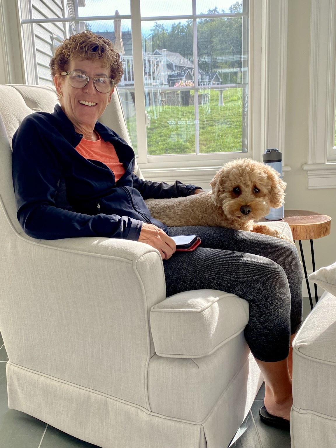 A sunny chair visit with Kym and the small gentleman of the house.