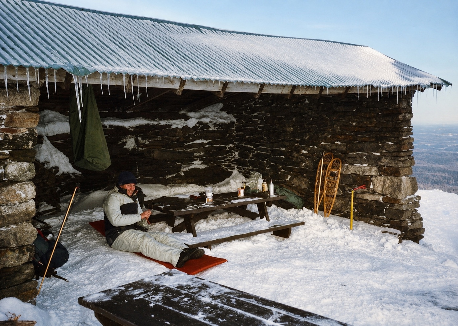 Dan relaxing on a red sleeping pad inside the snowy stone shelter on Pack Monadnock