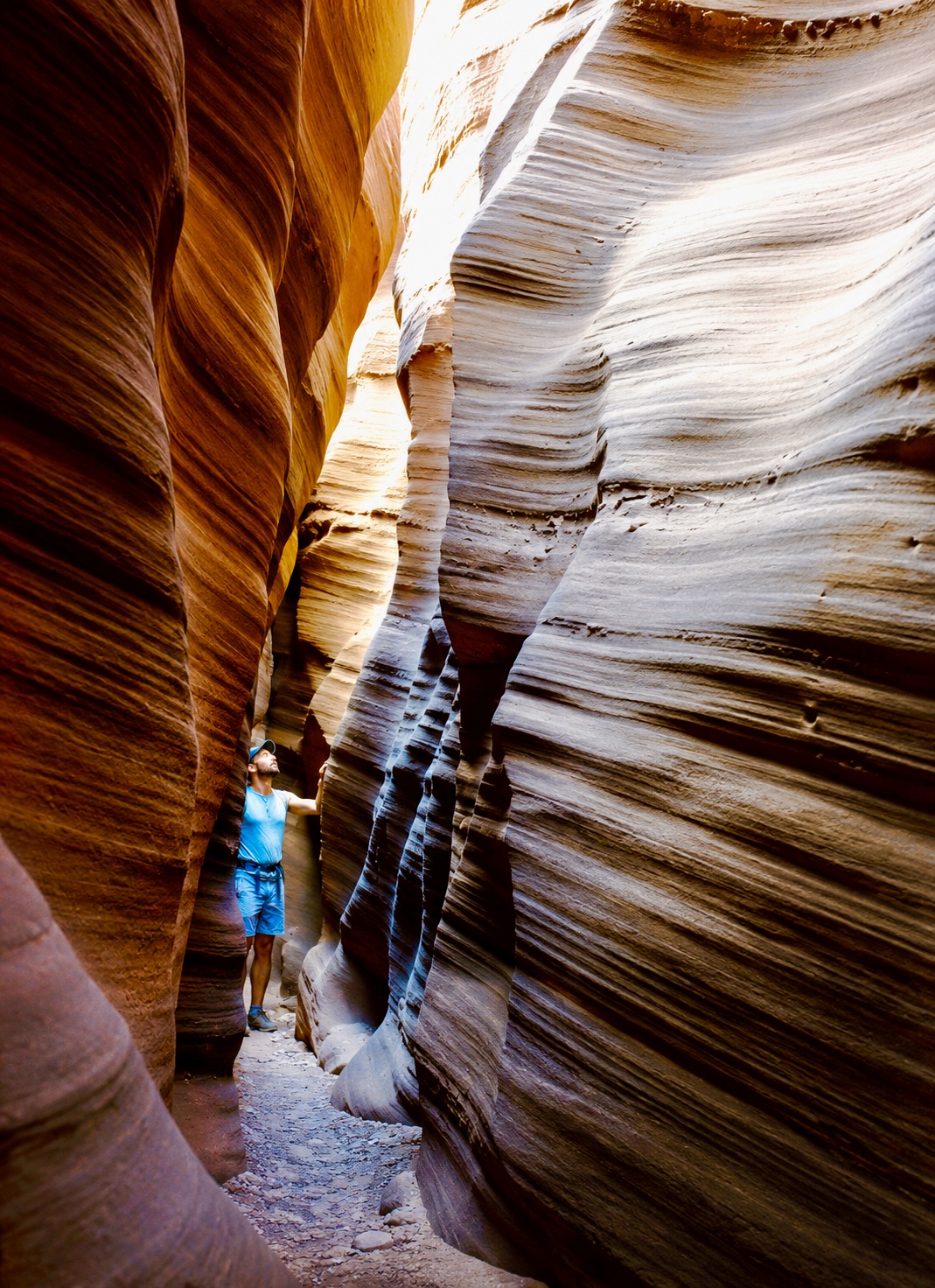 A narrow Utah slot canyon with tall sculpted sandstone walls and reflected light