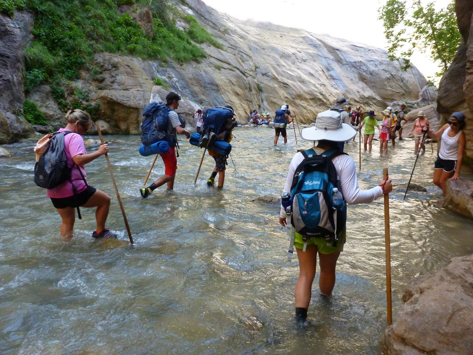 Hikers moving upstream with walking sticks and river shoes.