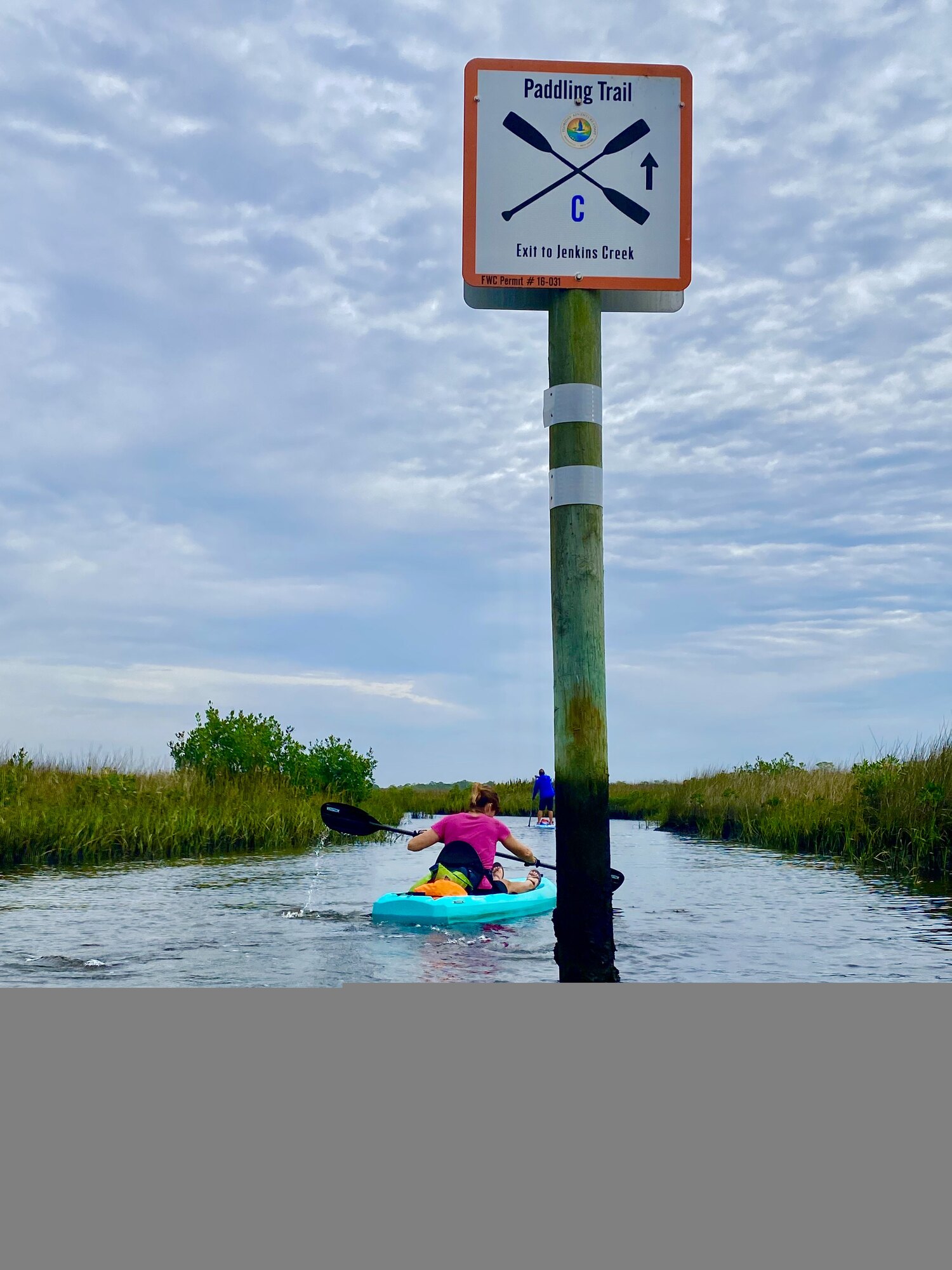 Coastal paddling trail marker in open marsh