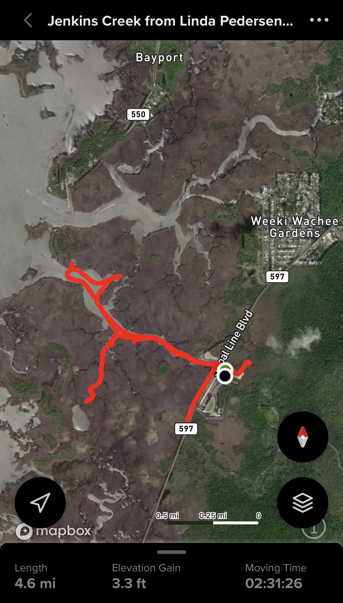 Satellite map view of Aripeka paddle route