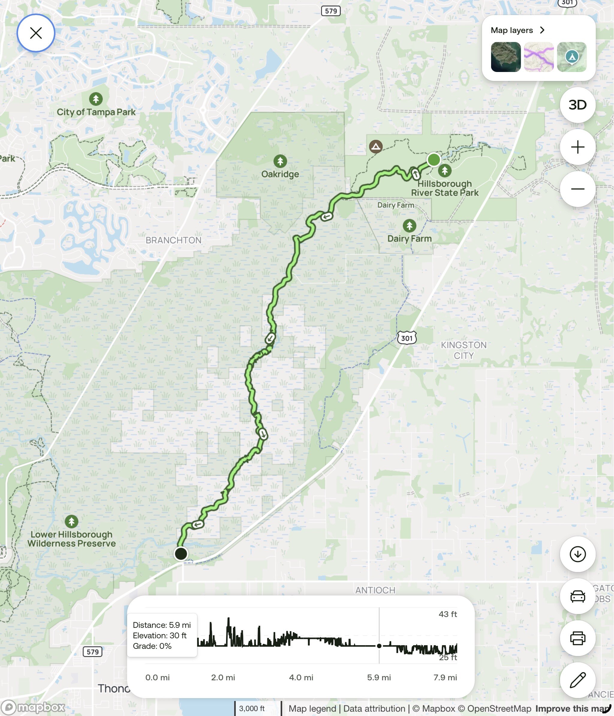 Map of the 7.9-mile Seventeen Runs paddle route on the Hillsborough River
