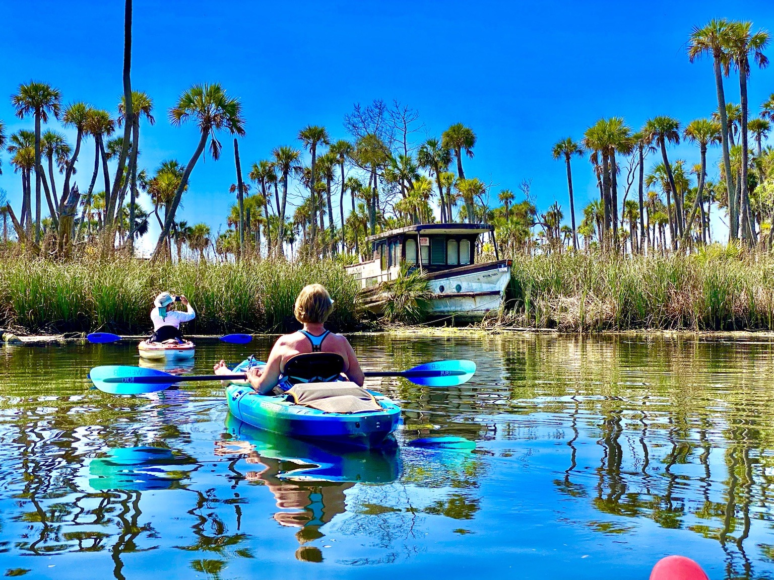 The group paddling past palms and low riverside homes near the upper river.