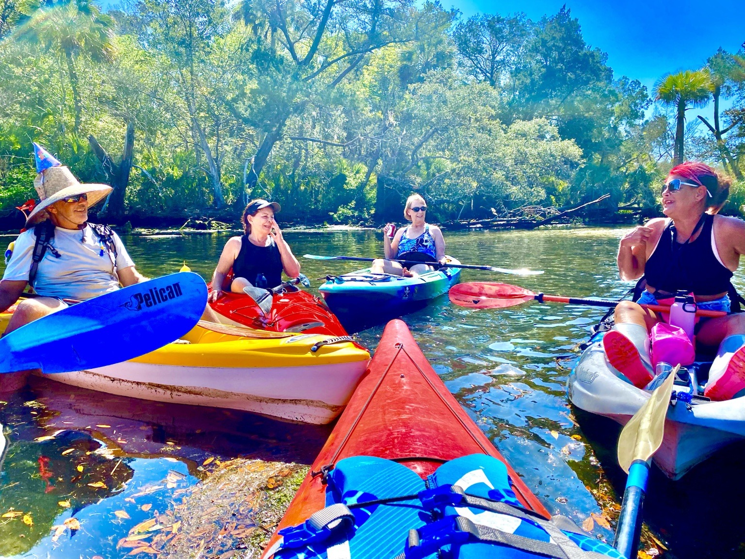 The group rafted loosely together for conversation before moving on.