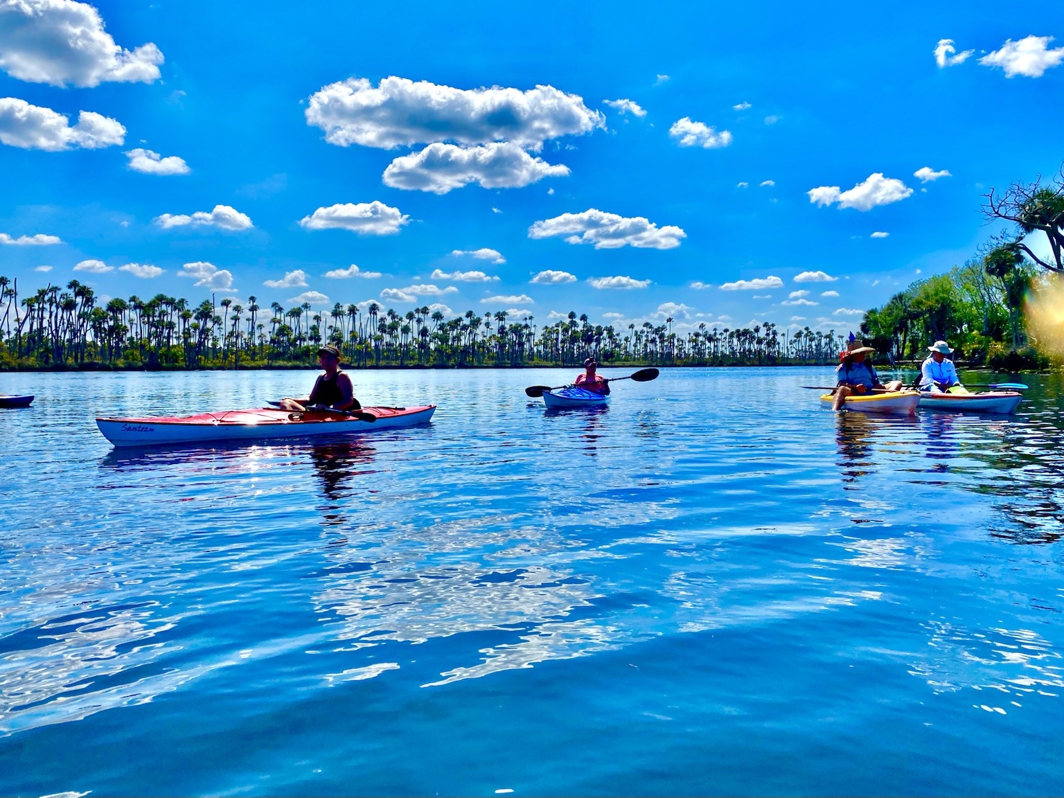 The Chassahowitzka opening into broad water under deep blue sky and puffy summer clouds.