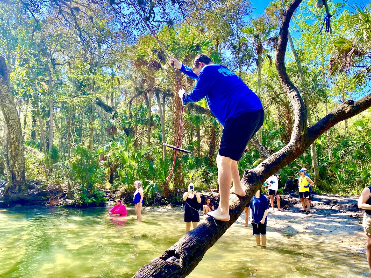 A little spring-side rope-swing fun during the birthday paddle.