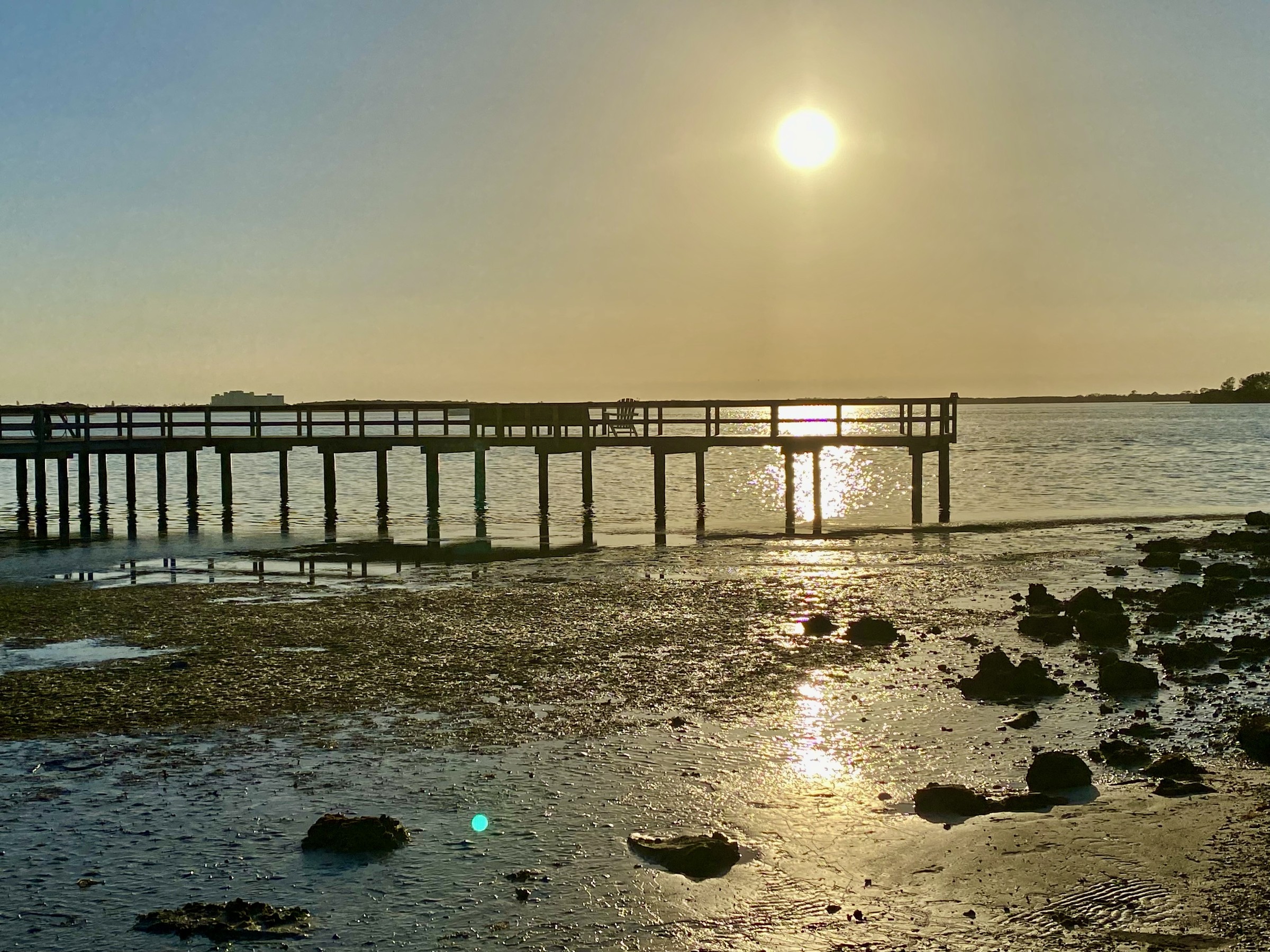 The sun dropping toward the horizon over the Dunedin waterfront.