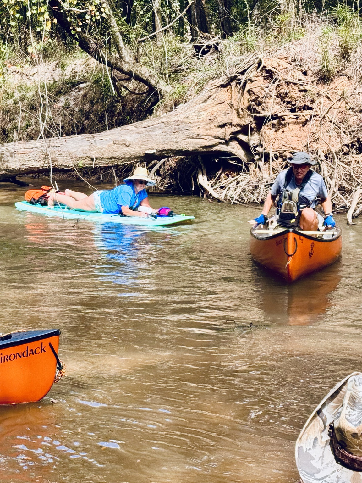 Paddlers at another low log