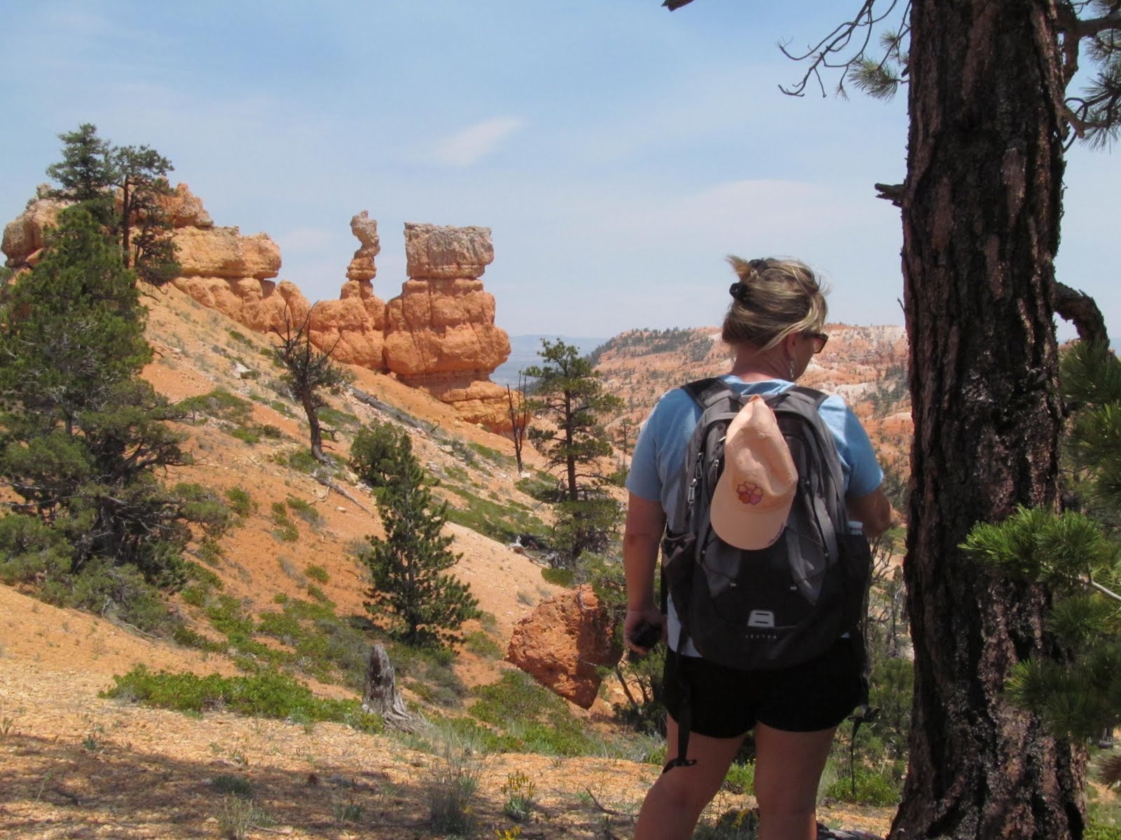 Cindy hiking among the hoodoos and pines of Bryce Canyon.