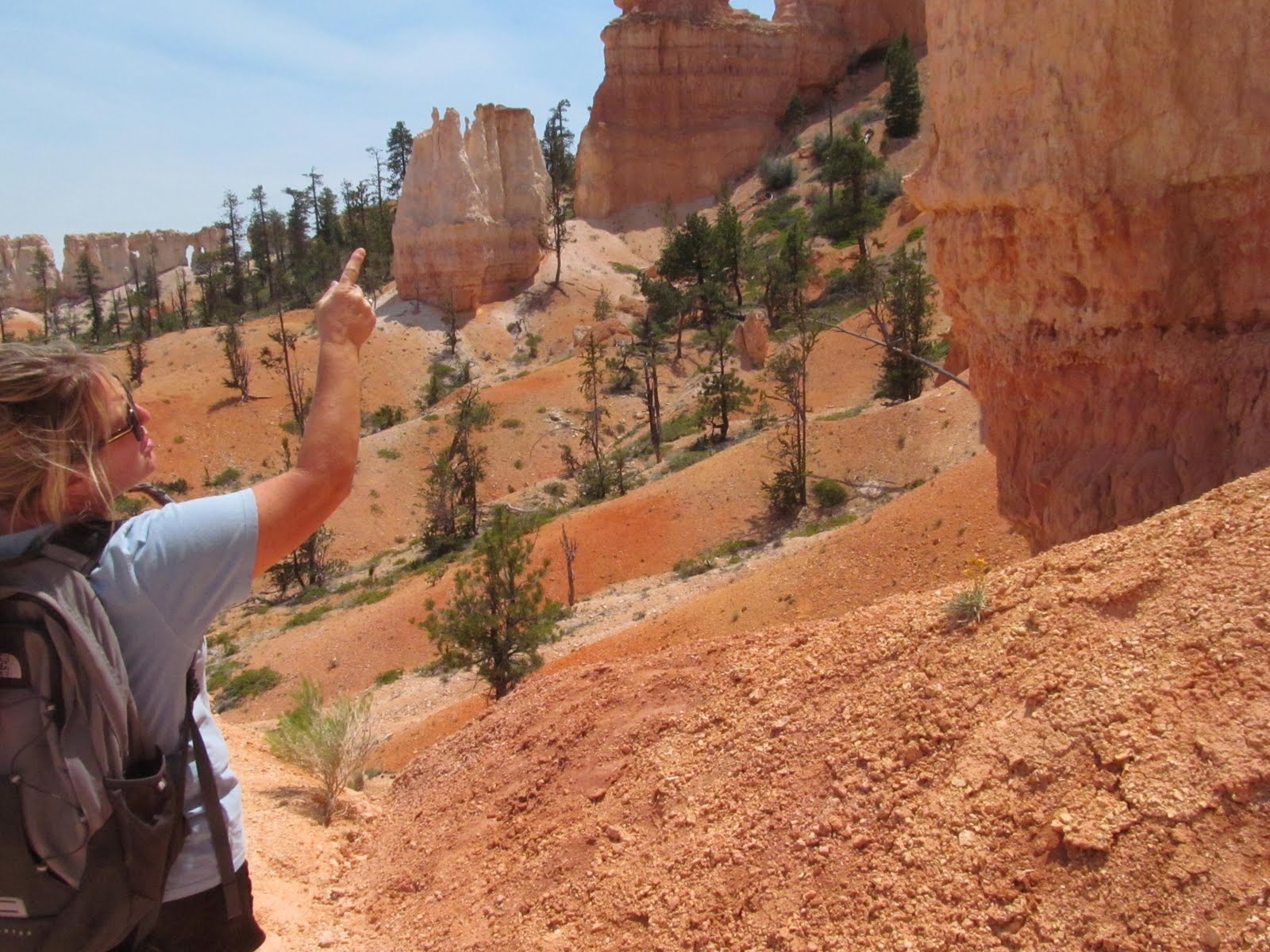 Cindy pointing across the maze of hoodoos and ridges.
