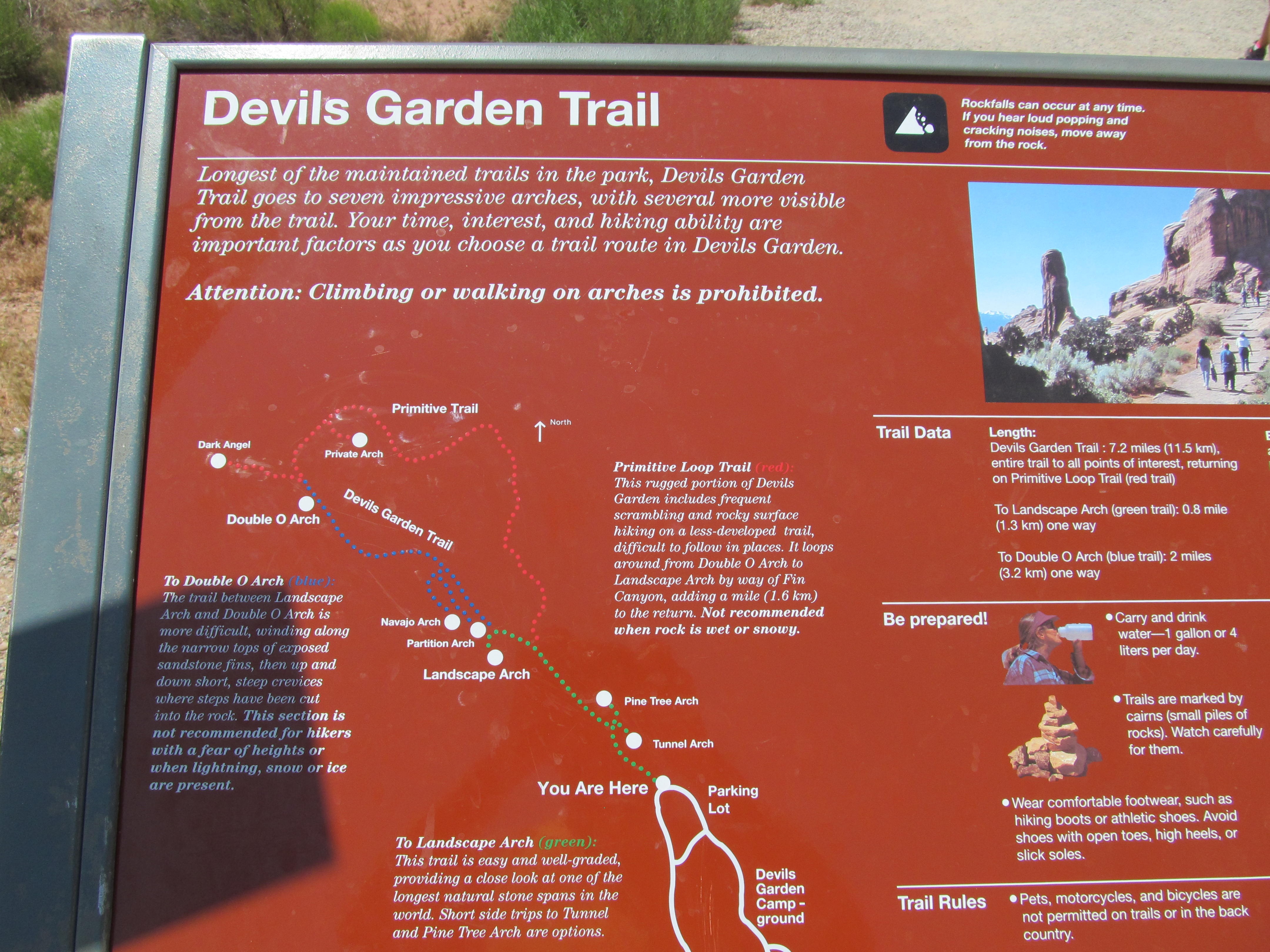 The Devils Garden trail map at Arches National Park.