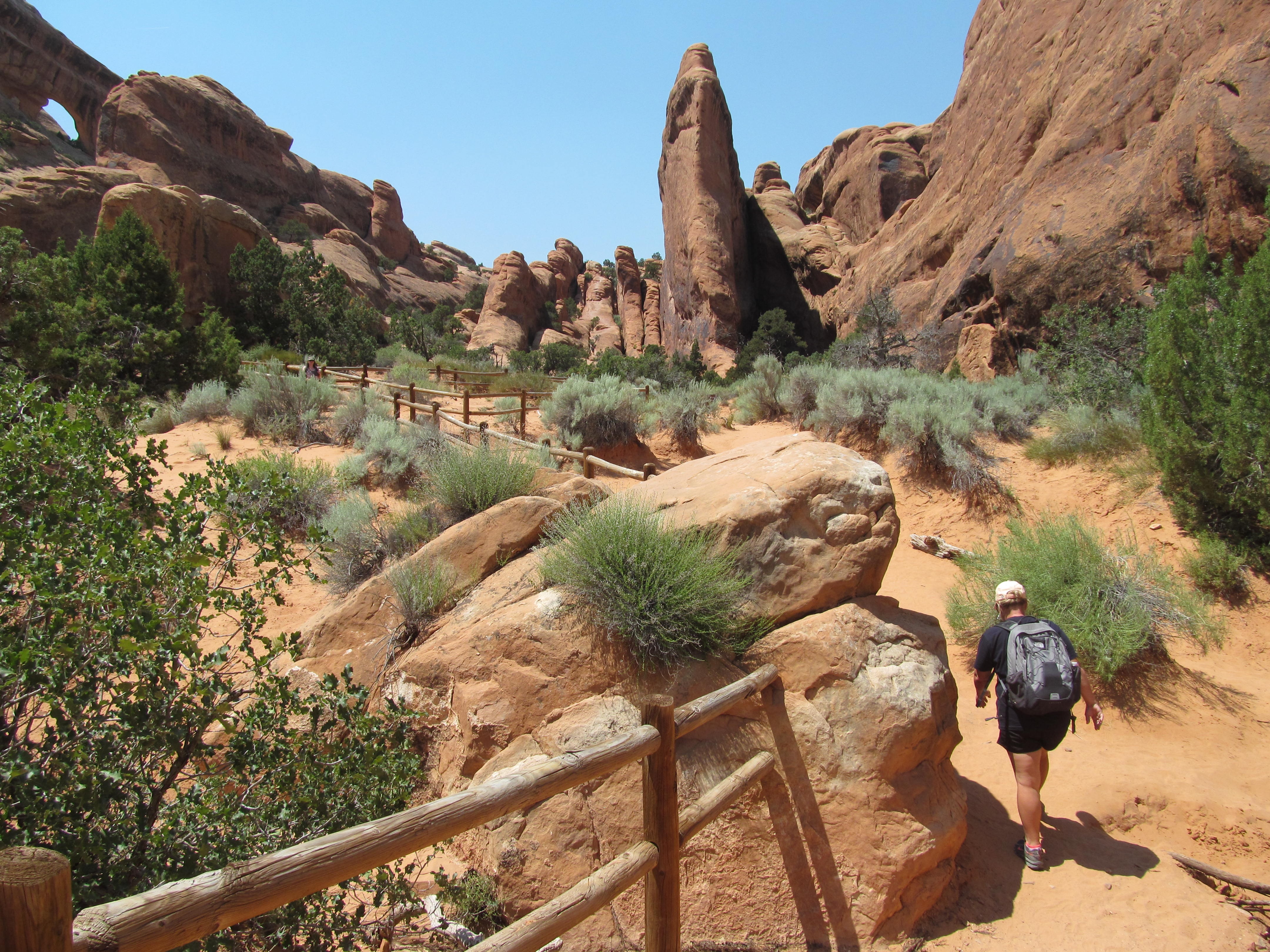 The trail approaching Landscape Arch through fins and desert vegetation.