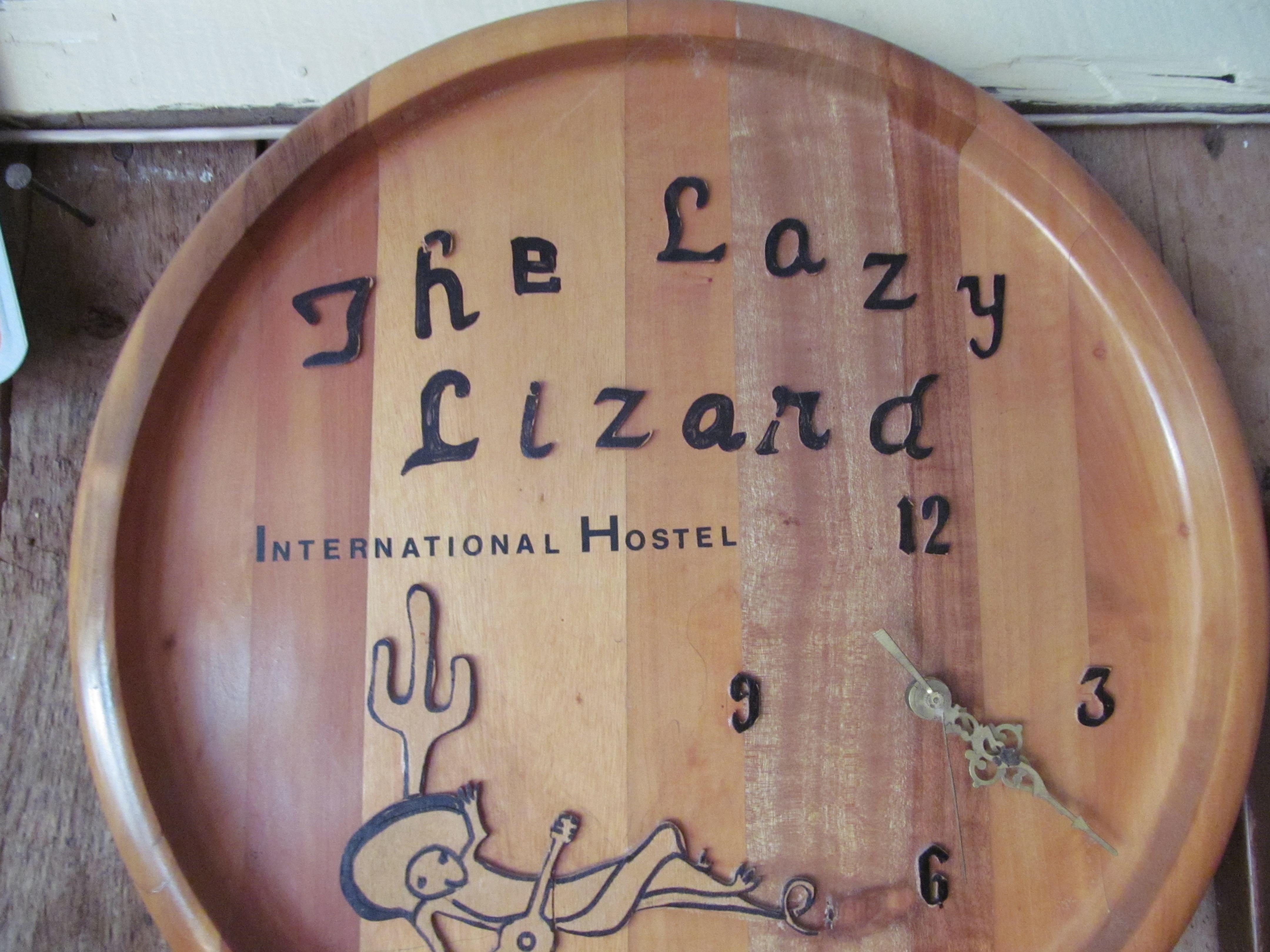 A handmade clock at the Lazy Lizard hostel in Moab.