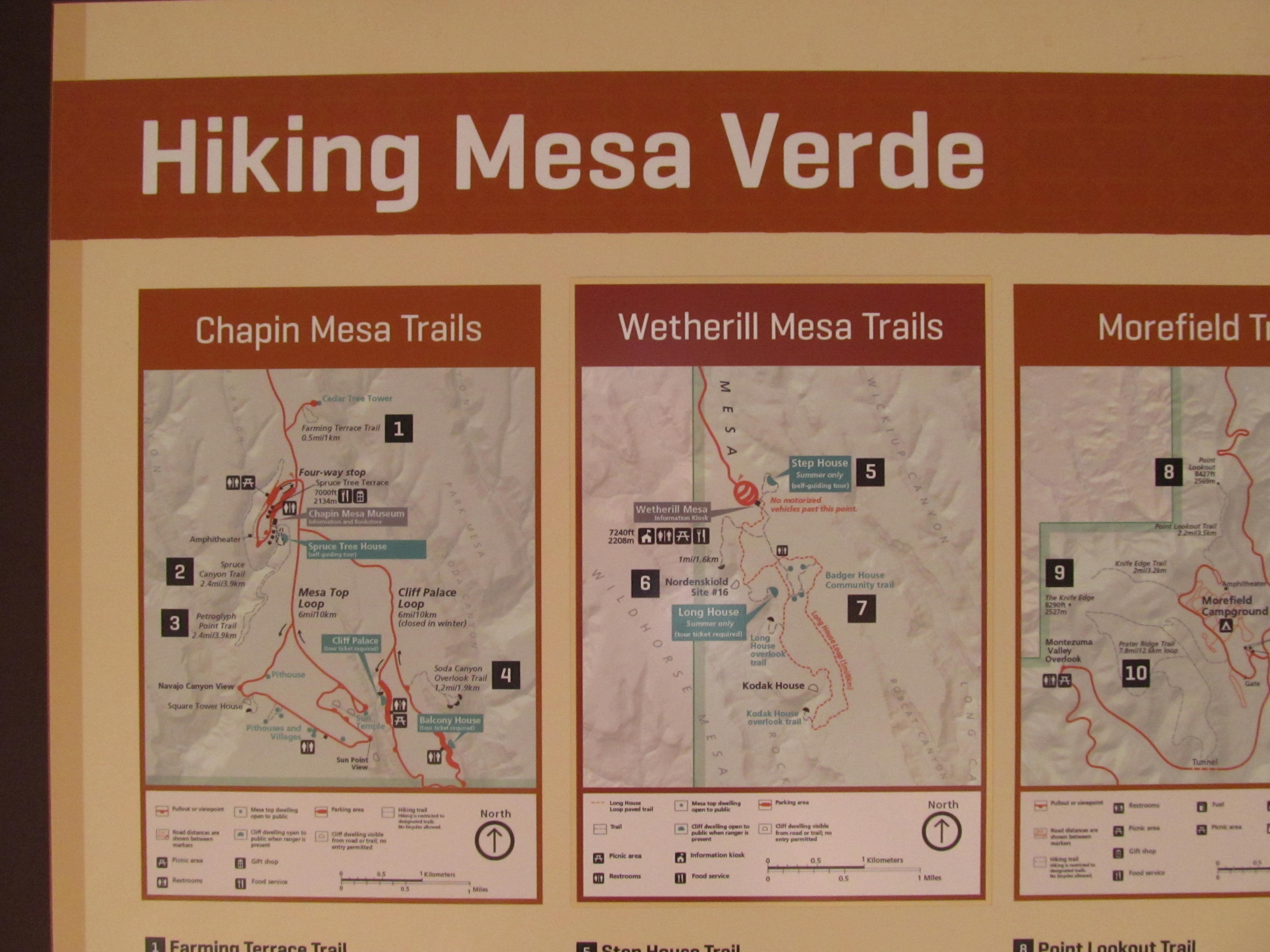 Trail information for exploring the cliff dwellings and mesa-top sites at Mesa Verde National Park.