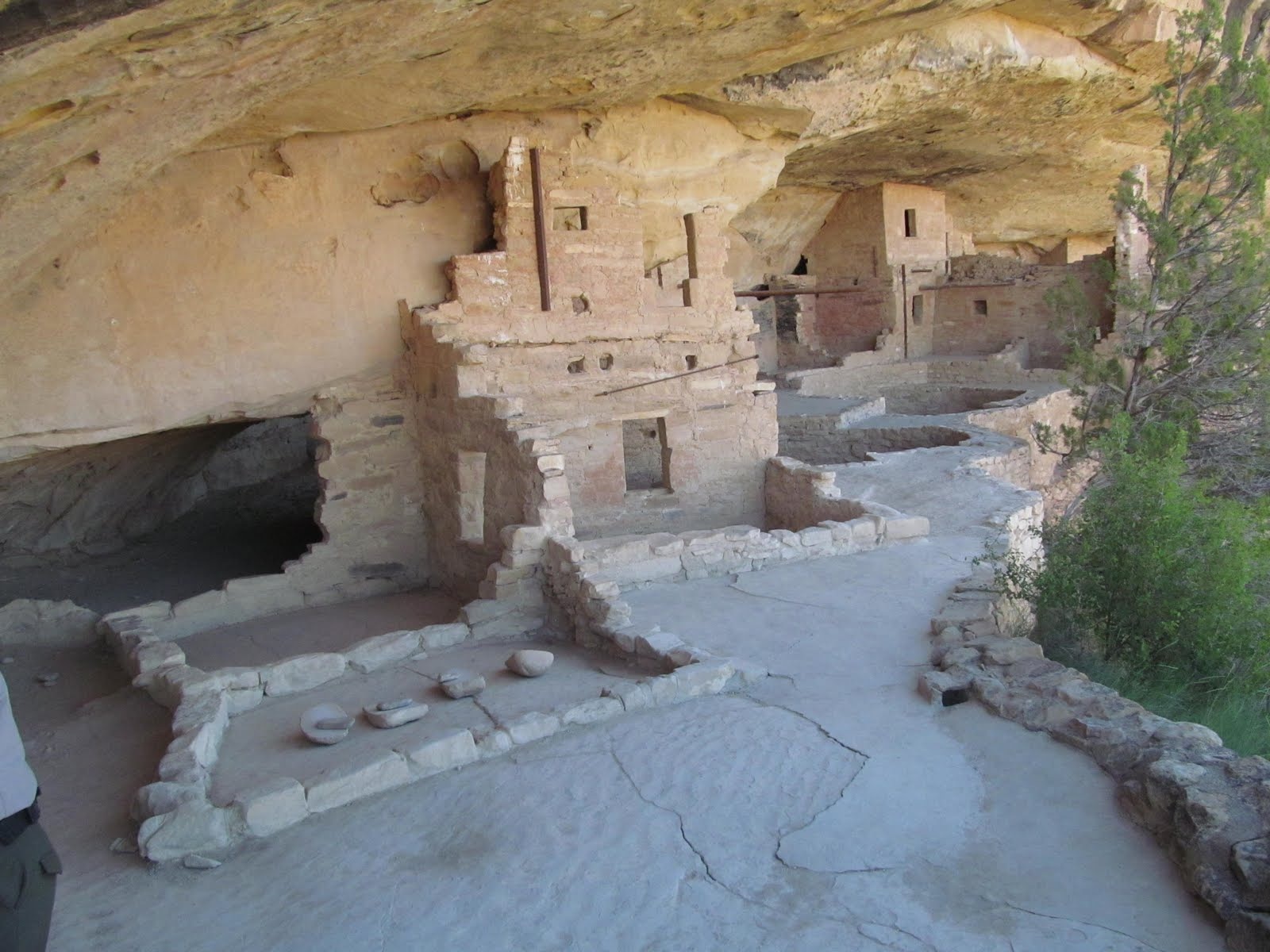 Stone rooms and towers sheltered deep beneath the Mesa Verde overhang.