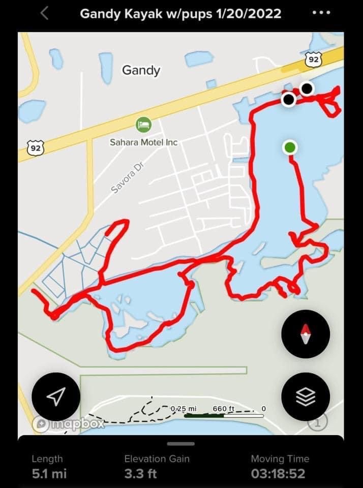 Gandy Beach route map with blue-lined landmasses