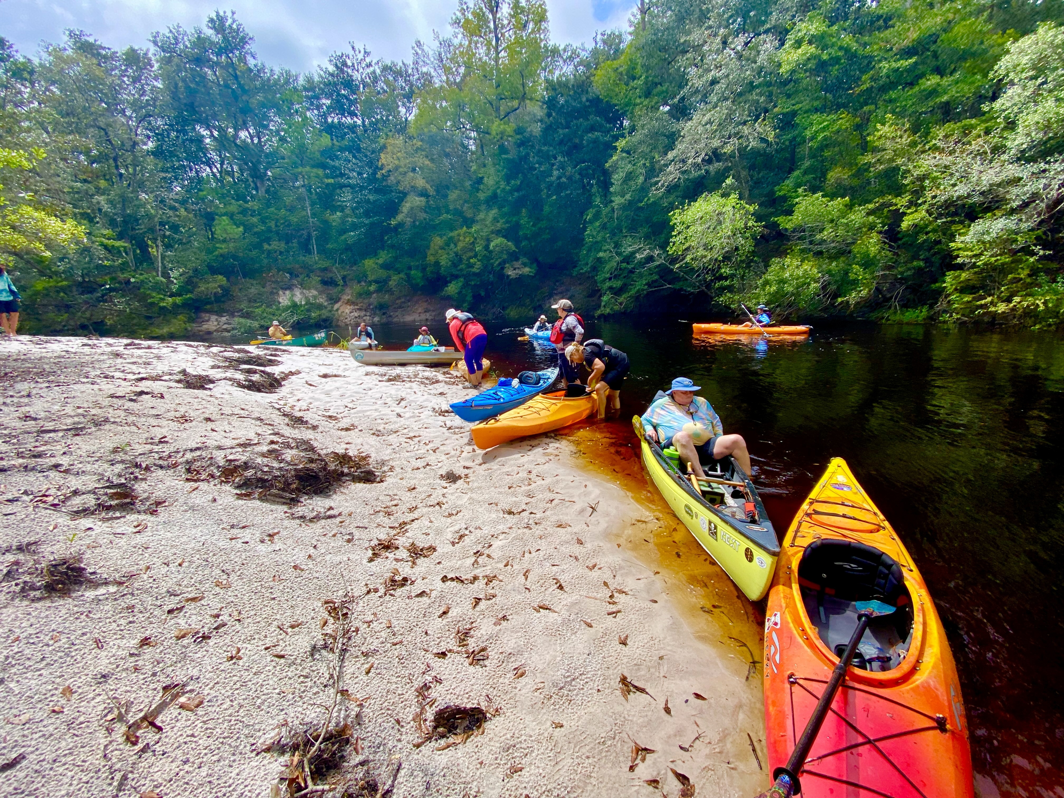 Colorful kayaks pulled onto a sandy stopping place along the Sopchoppy River