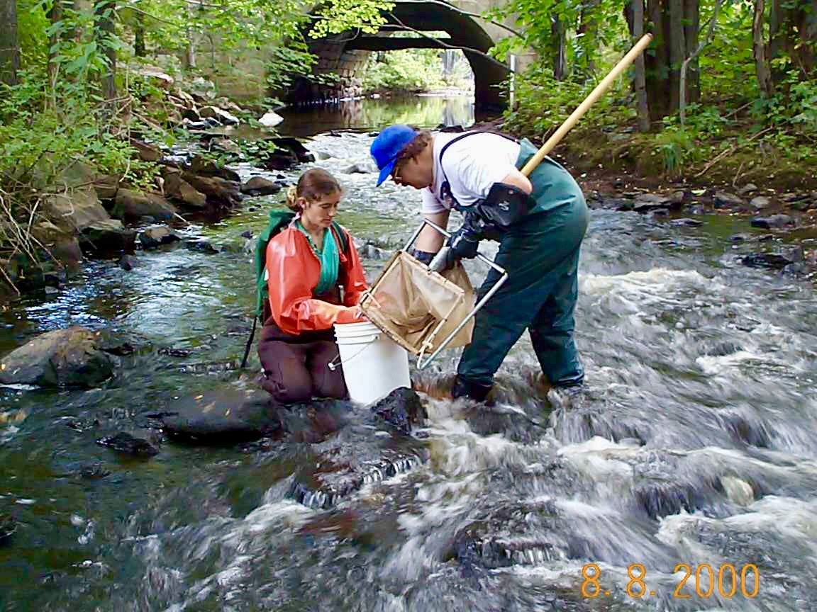 Field sampling in moving water beneath old bridges during the early digital years.
