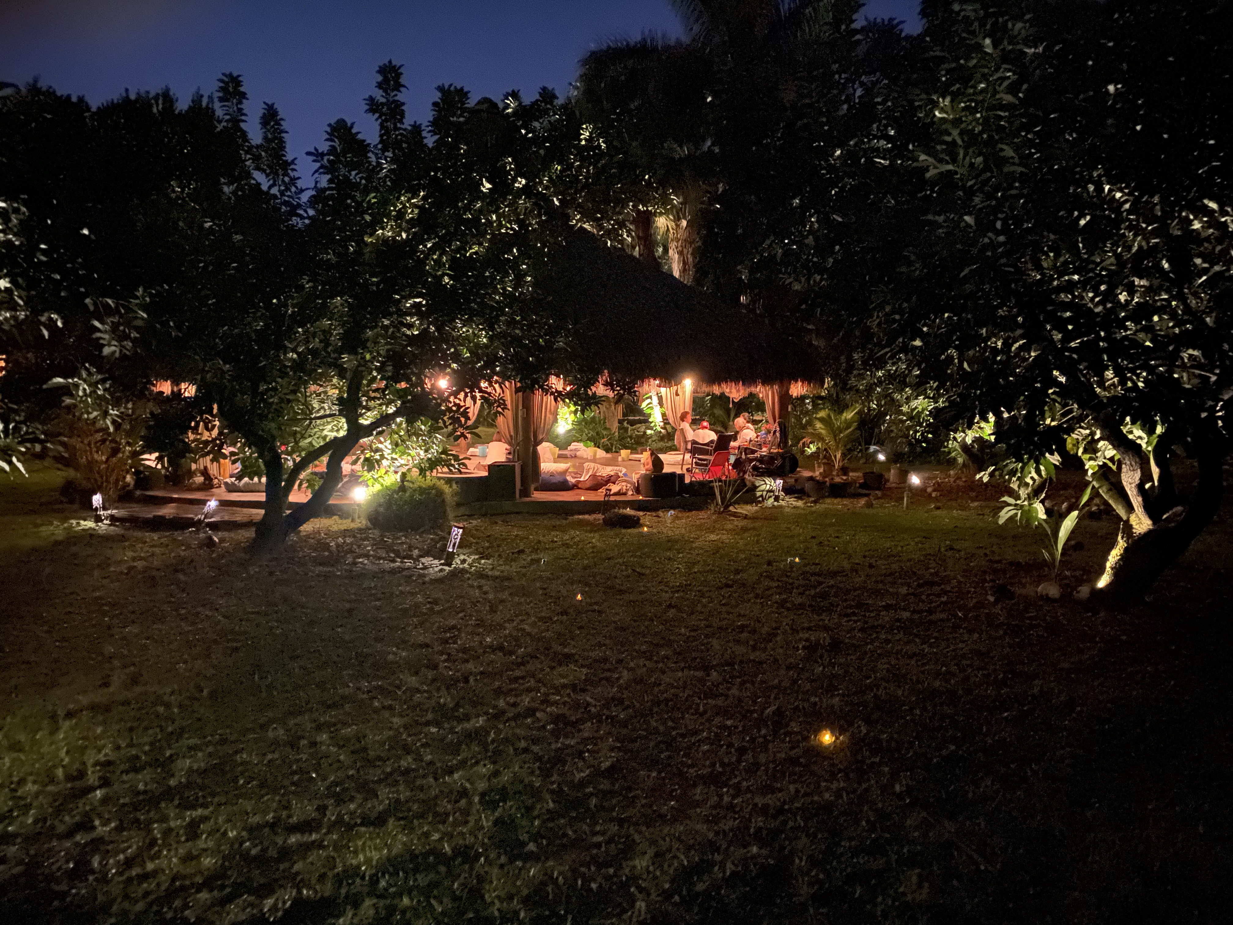 The retreat glowing beneath the trees on a warm South Florida night.
