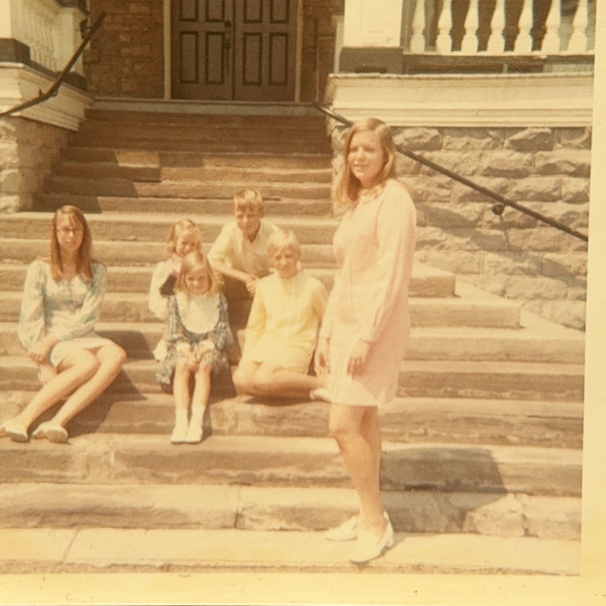 Unrestored photograph of Peg, Liz, Mary, Jody, Tim and Sharlotte outside church