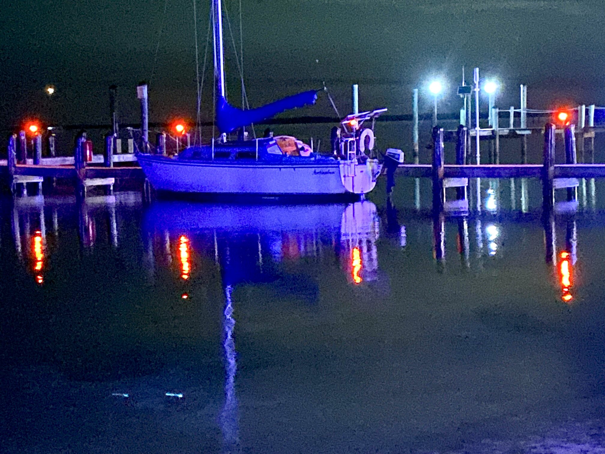 A peaceful nighttime view across the docks.