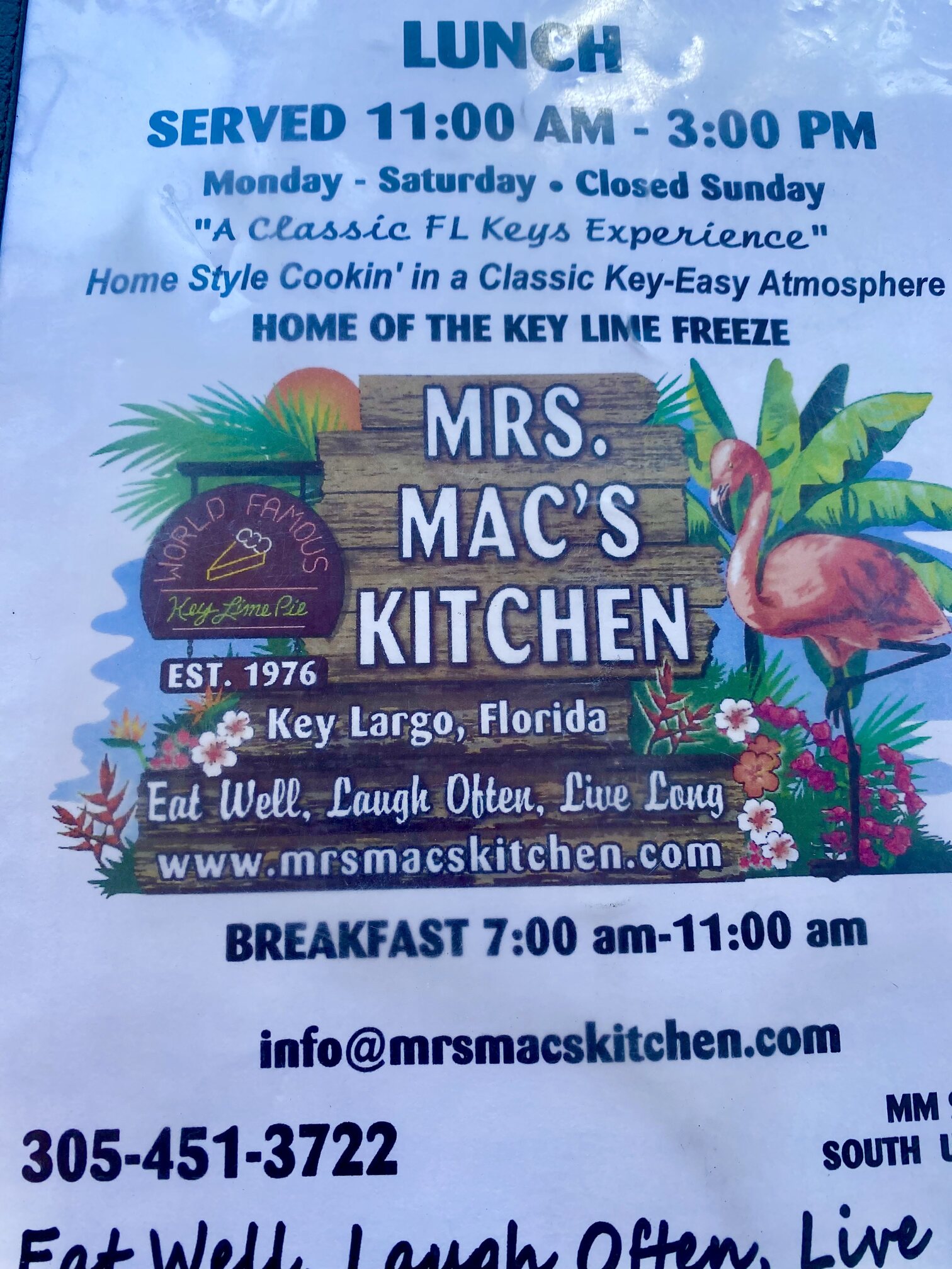 The casual Keys menu at Mrs. Mac’s Kitchen.