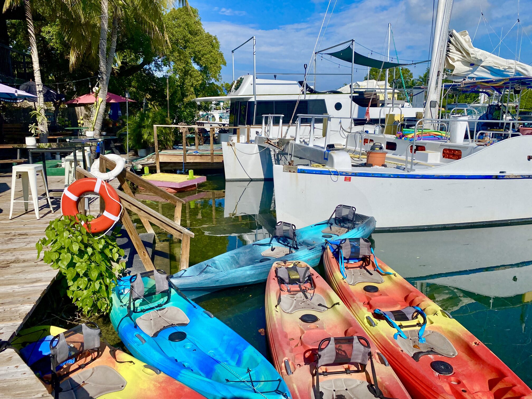Kayaks ready beside a small marina.