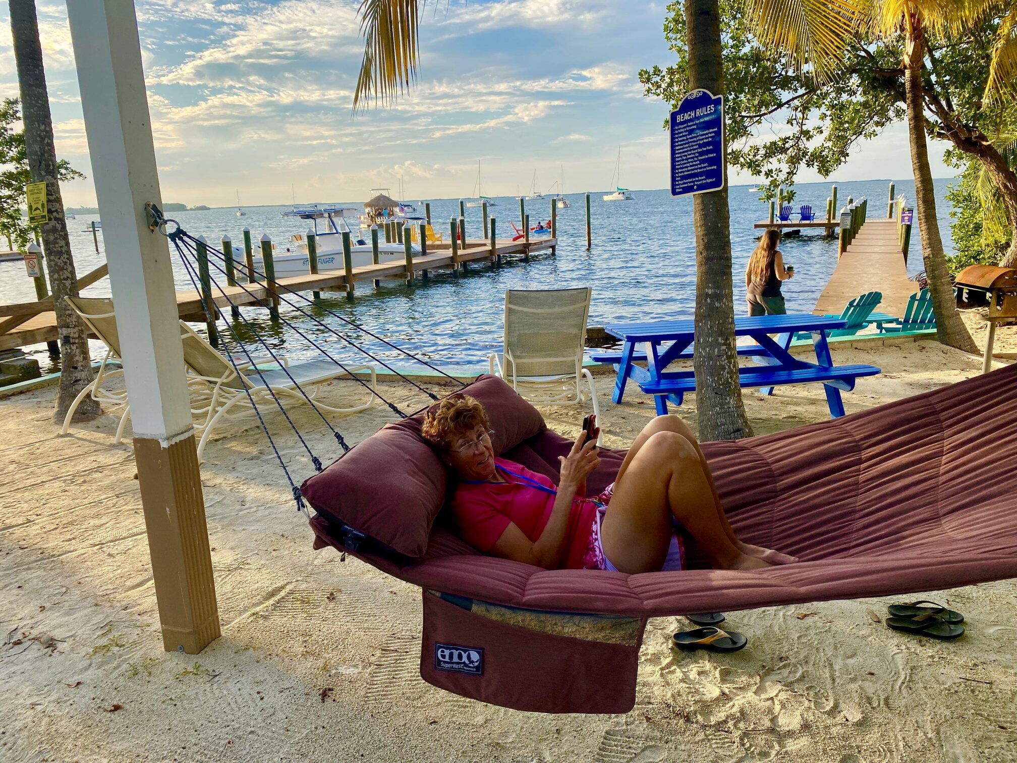 Kym relaxing in a hammock beside Florida Bay.