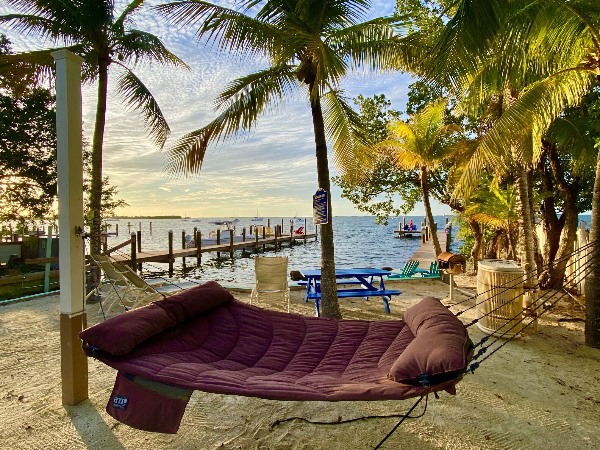 A hammock overlooking the docks and bay.