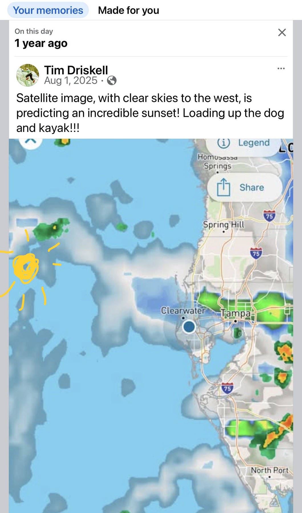 Combined radar and satellite forecast showing sunset potential