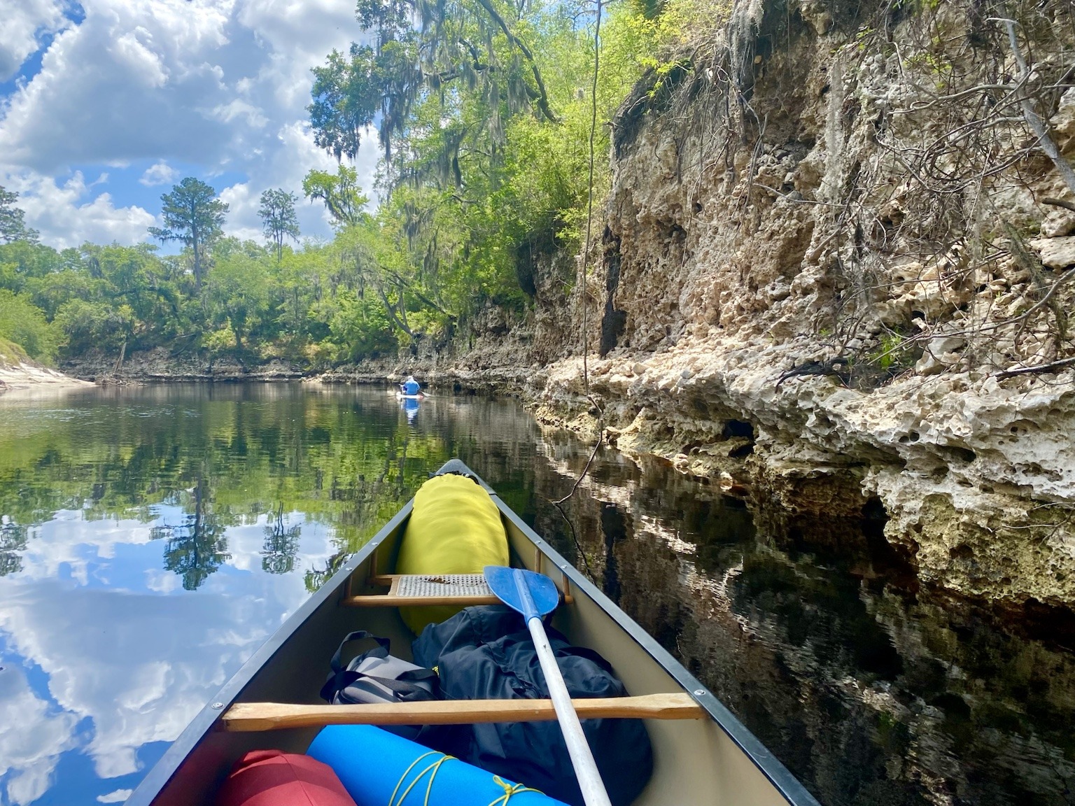 Paddling close beneath one of the Suwannee’s dramatic limestone walls.
