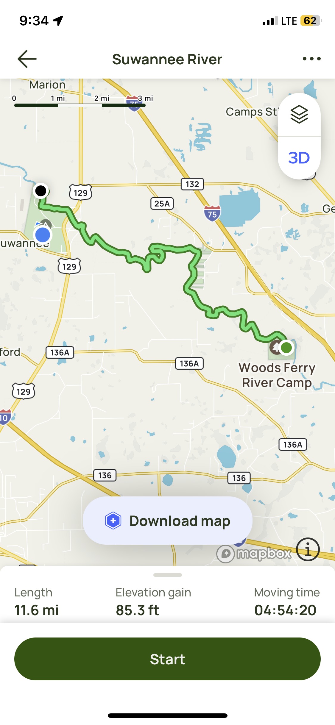 The first day’s recorded route from White Springs to Woods Ferry River Camp—11.6 miles.